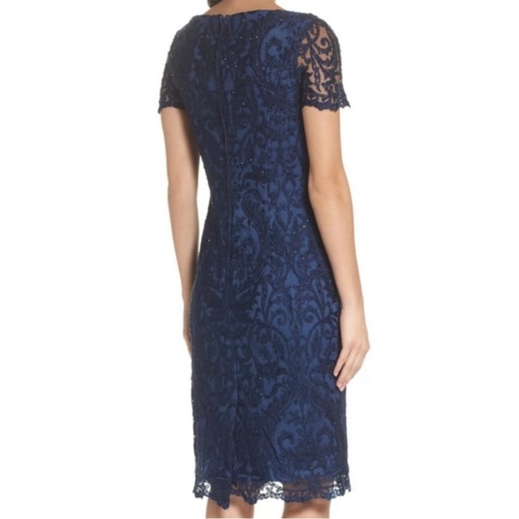 La Femme Beaded Lace Cocktail Navy Midi Dress - Picture 3 of 12